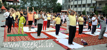 People performing Yoga Aasans at DAV New Shimla Ground OFFICIALS-OF-SJVN